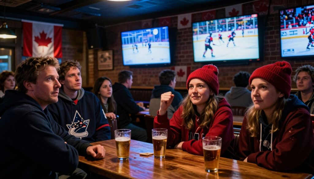 Nostalgic living room scene showing Hockey Night in Canada Ends CBC with vintage TV hockey game and warm lighting