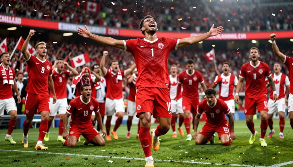 Historic World Cup Victory moment showing Canada’s midfield action during a tense World Cup match against South Africa.