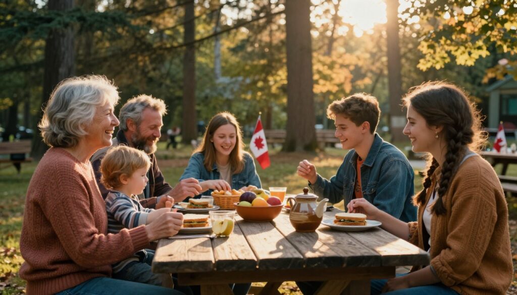 Canadian family culture shown through a diverse group of people sharing a warm outdoor meal and celebrating together in Canada