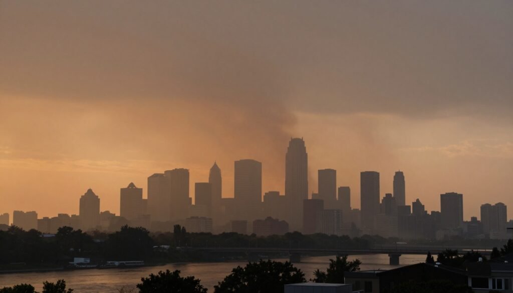 Canadian Wildfire Smoke covering city skylines with unhealthy air conditions in the Northeast.
