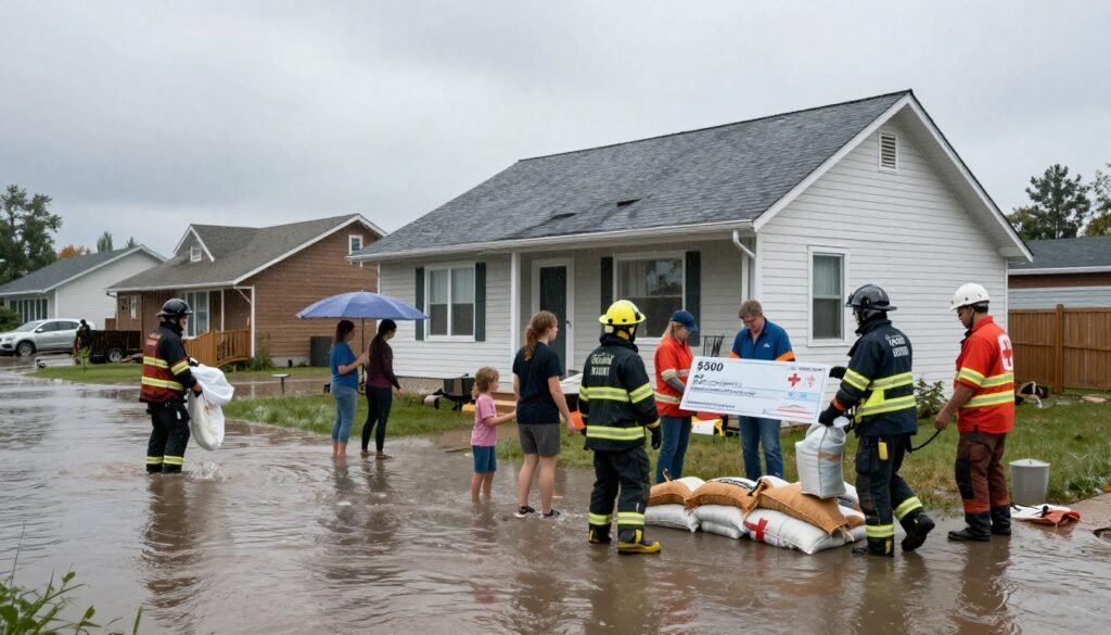 Flood assistance efforts with volunteers and emergency crews helping families rebuild flood-damaged homes in Manitoba