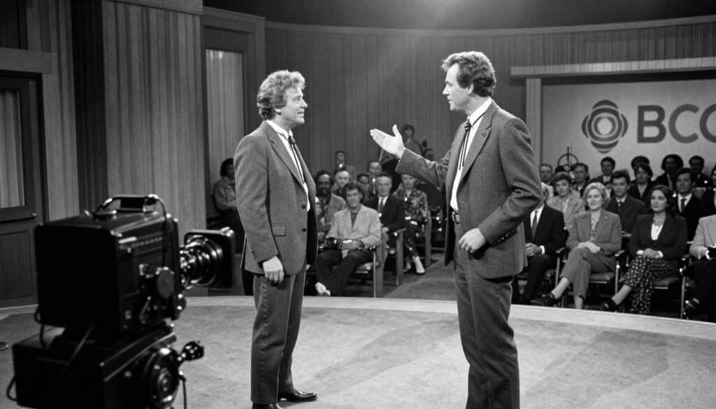 Vintage CBC television scene of Tommy Hunter country music legend hosting a country music variety show