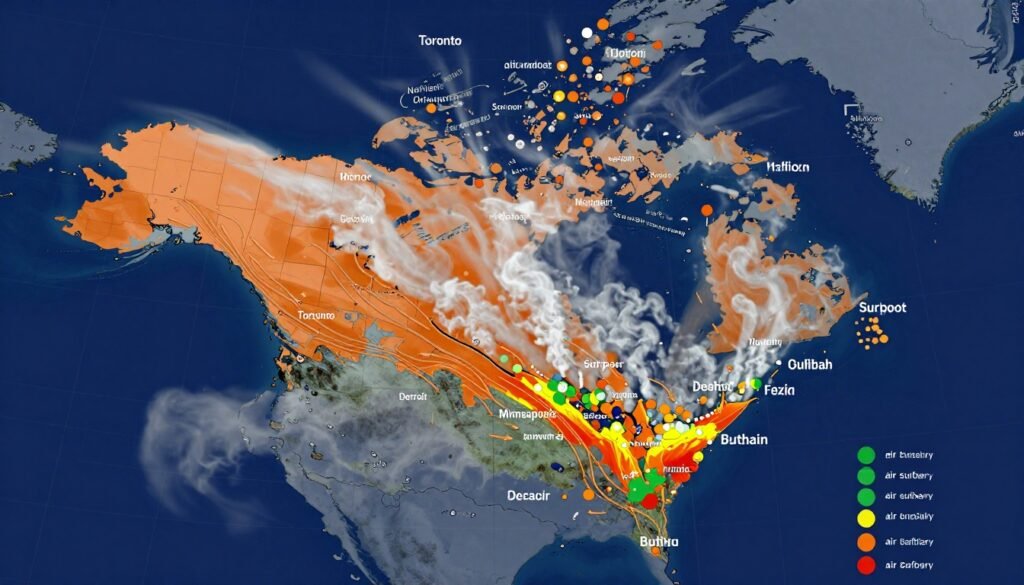 Canadian wildfire smoke covering the sky above forests and urban areas during a major cross-border wildfire crisis