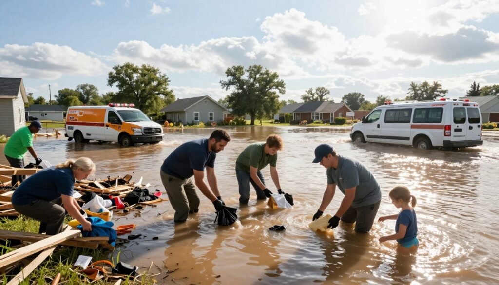 Flood recovery in Manitoba, Canada, showing volunteers helping homeowners clean debris from flooded homes, emergency vehicles nearby, families salvaging belongings, bright morning sunlight breaking through clouds, symbolizing recovery and resilience. Photorealistic, editorial news photography, ultra-HD, natural colors, 16:9, no text.